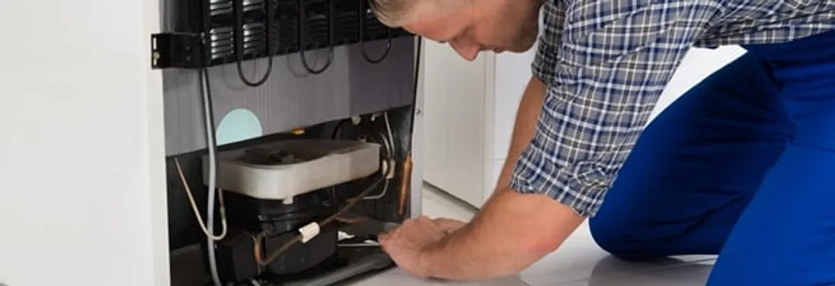 Refrigerator repair technician servicing the compressor and condenser area in Dover, DE